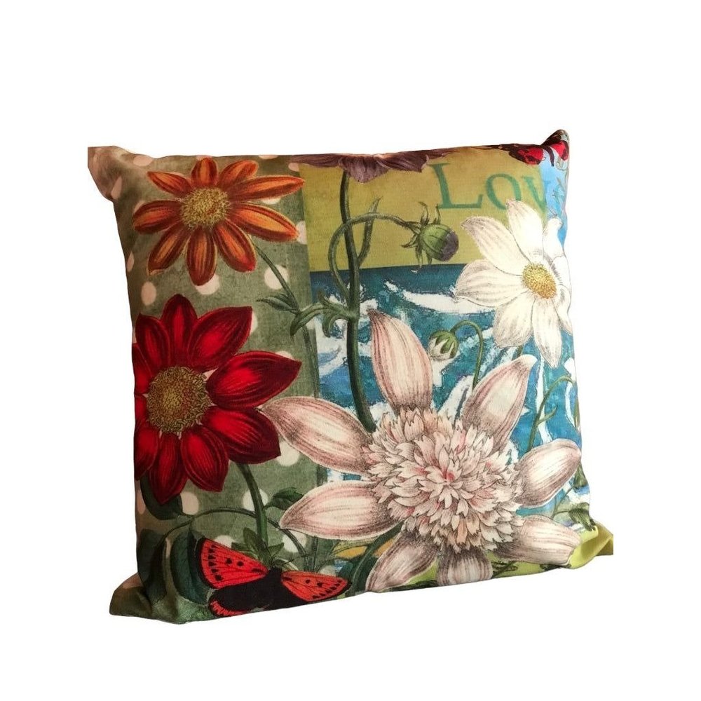 18" Square Throw Pillow and Insert Bright Floral Design White Flower Butterfly
